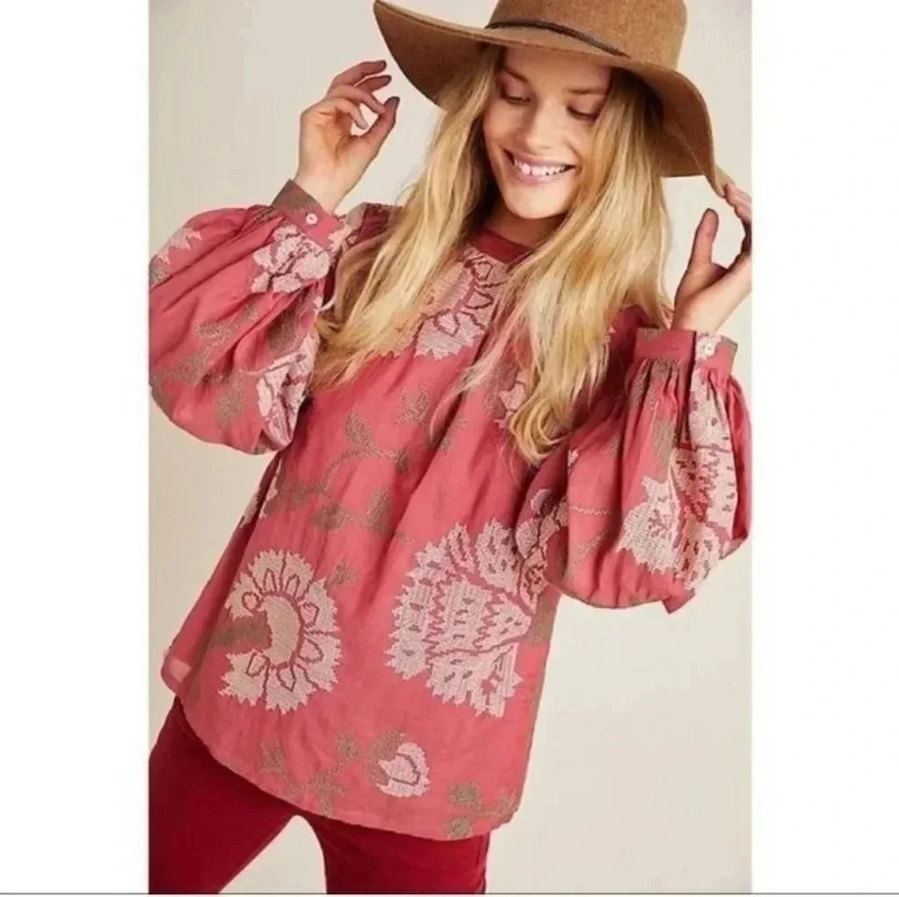 Anthropologie Payal Pratap Pink Rose Embroidered Blouse(0)NWT
